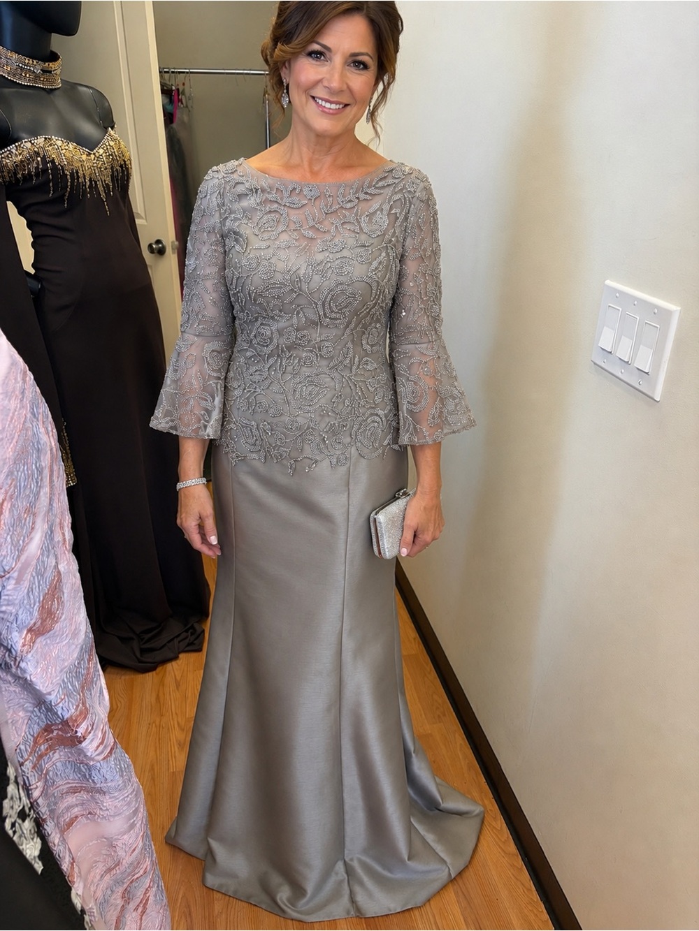 Rina DiMontella RD2939 charcoal size 18 beautiful dress with beaded top sleeves